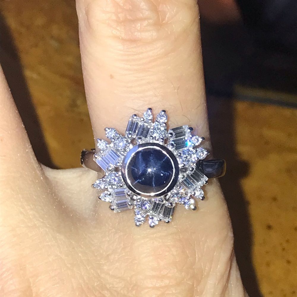 Natural Star Sapphire Moissanite Sterling Silver Ring Size 9.75
